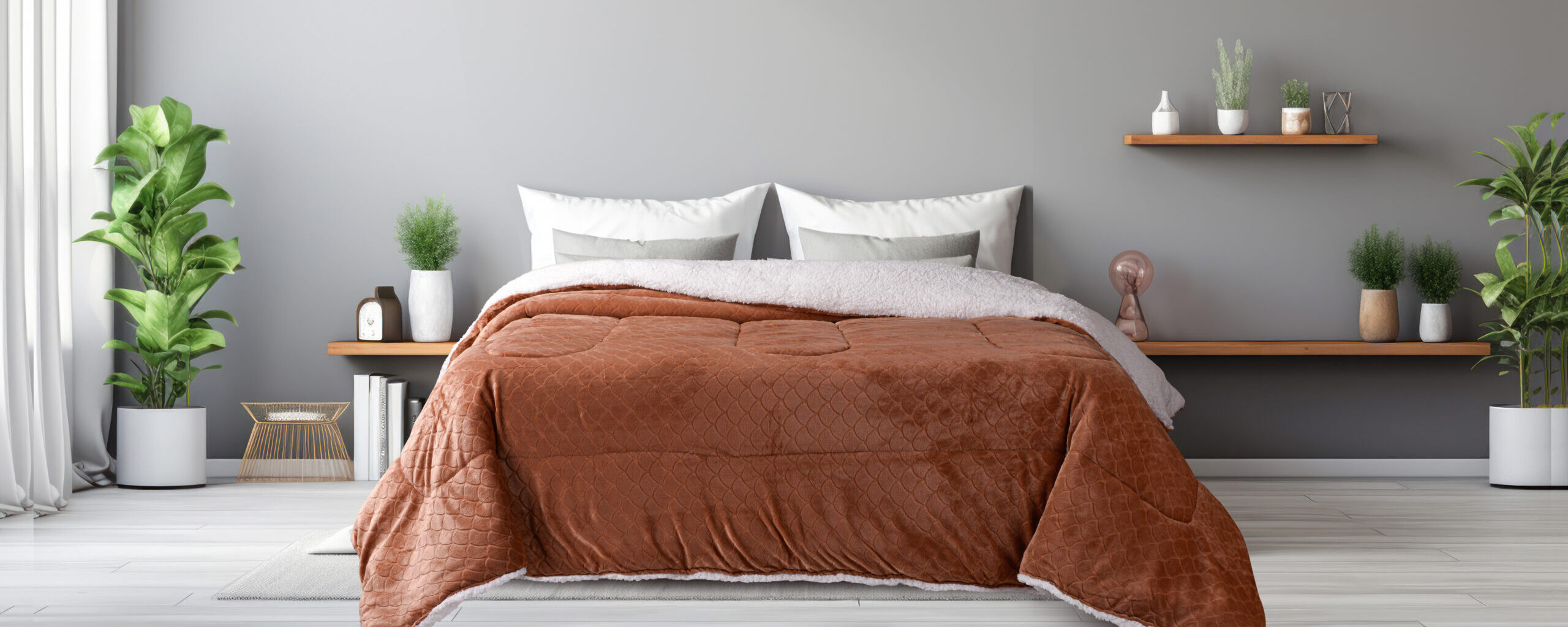 Vacant bedroom, painted white with gray walls.